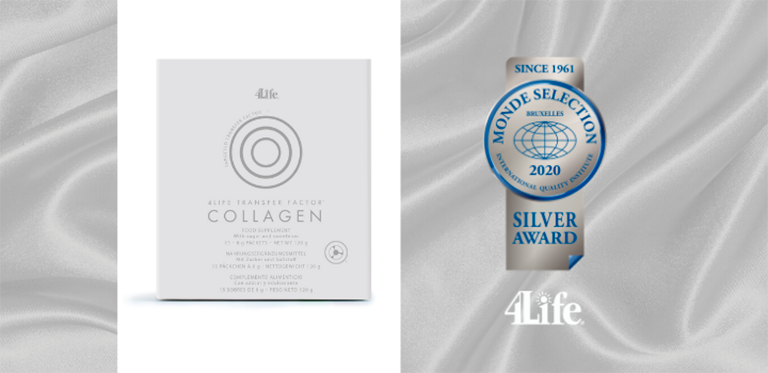 Un producto de 4Life llamado Collagen junto a un premio en el que pone Monde Selection 2020 Silver Award.